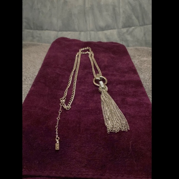 Silver Chain Tassle Long Necklace with Rhinestone Clasps and Heart Clasp - Picture 5 of 11